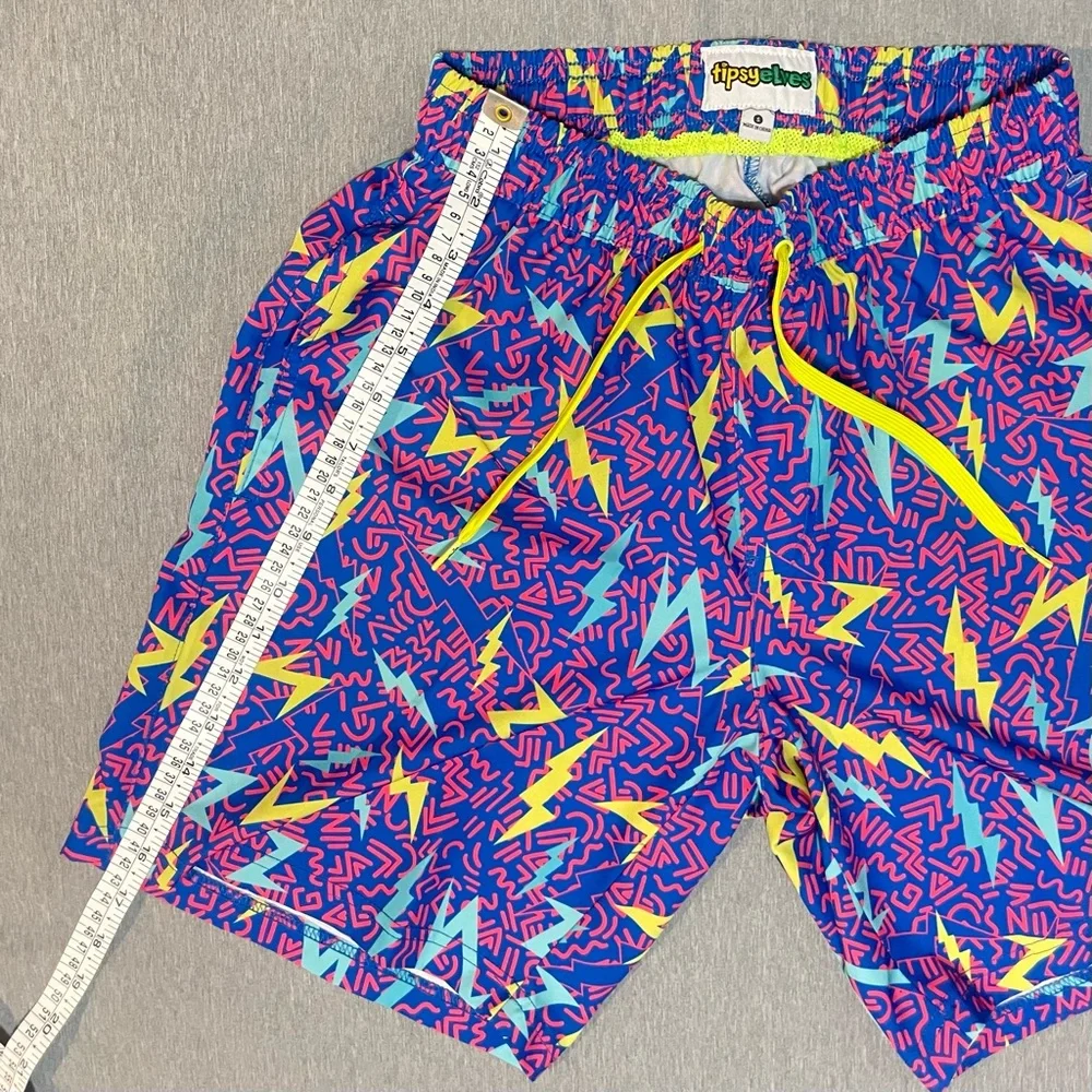 Tipsy Elves Grease Lightening Swim Trunks Small 4 Way Stretch Bolt Print